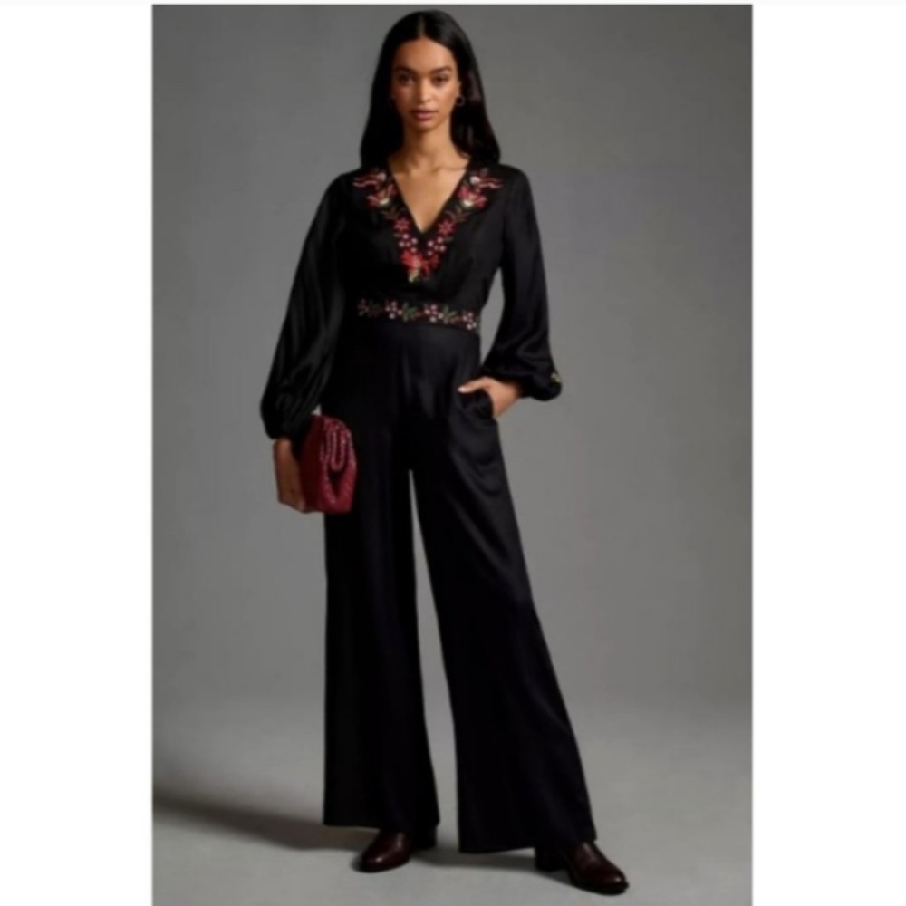 Anthropologie Farm Rio Embroidered Jumpsuit Black Floral Wide Leg Size XS